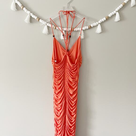 ALC Allegra Ruched Bead Embellished Midi Dress Bodycon Halter Orange Size Medium - Picture 10 of 12